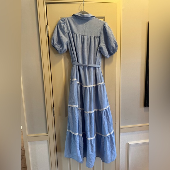 Blue Tiered Maxi Shirt Dress with Tie Waist - Picture 4 of 5